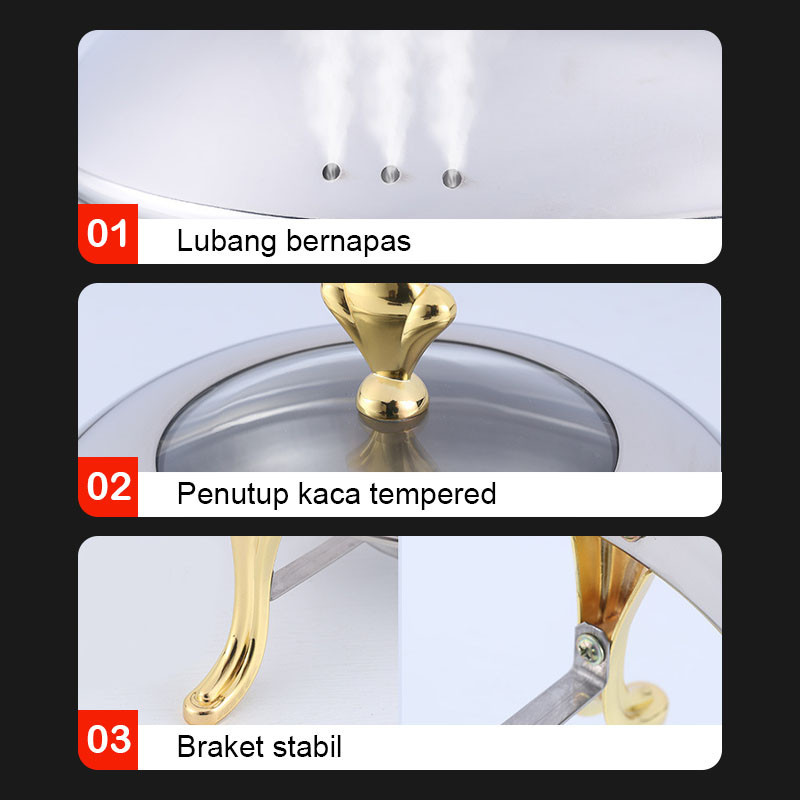 【Emas/perak】Chafing Dish 28cm Panci Prasmanan Bulat Stainless Steel dengan Pemanas Round Chaving Dis