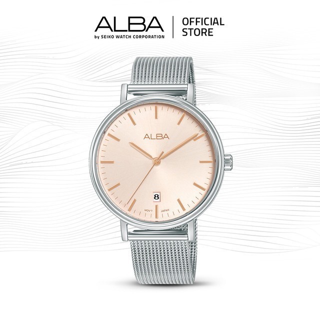 Alba Fashion Jam Tangan Wanita AG8N81 / AG8N81X1 Quartz Light Pink Dial Stainless Steel Mesh Bracele