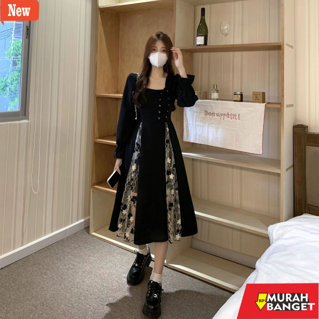 dress wanita kekinian Korea ukuran besar kerah persegi retro mesh jahitan dress hitam kecil