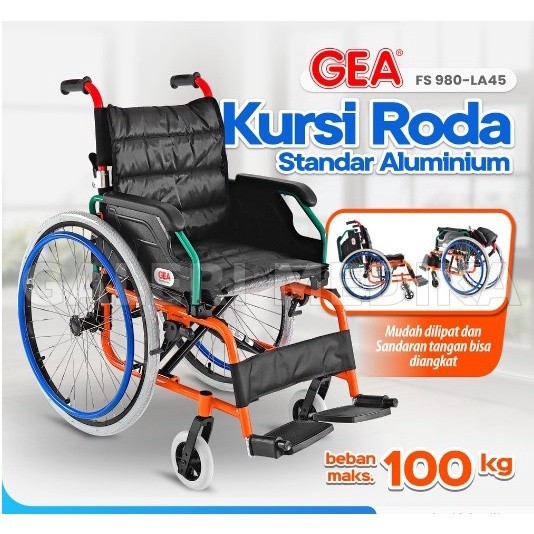 Kursi roda GEA FS980 LA-46 / FS 980 LA-46 / FS980LA 46 Dewasa Aluminium Wheelchair Bisa Dilipat