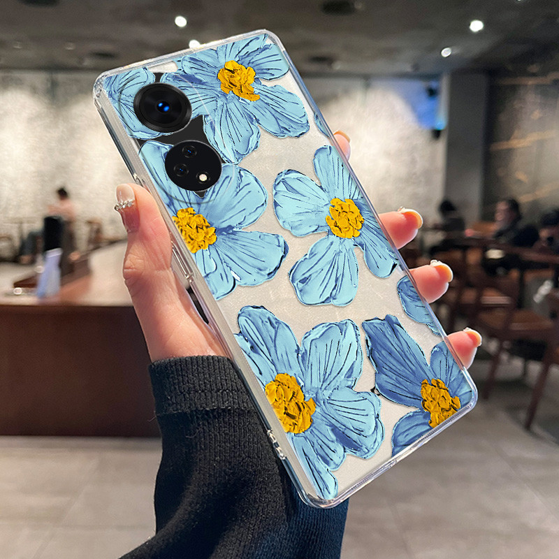 Casing Ponsel Tren Bunga Lukisan Cat Minyak Biru untuk OPPO A98 5G A96 A95 A94 A92 S A9-2020 A91 A8 