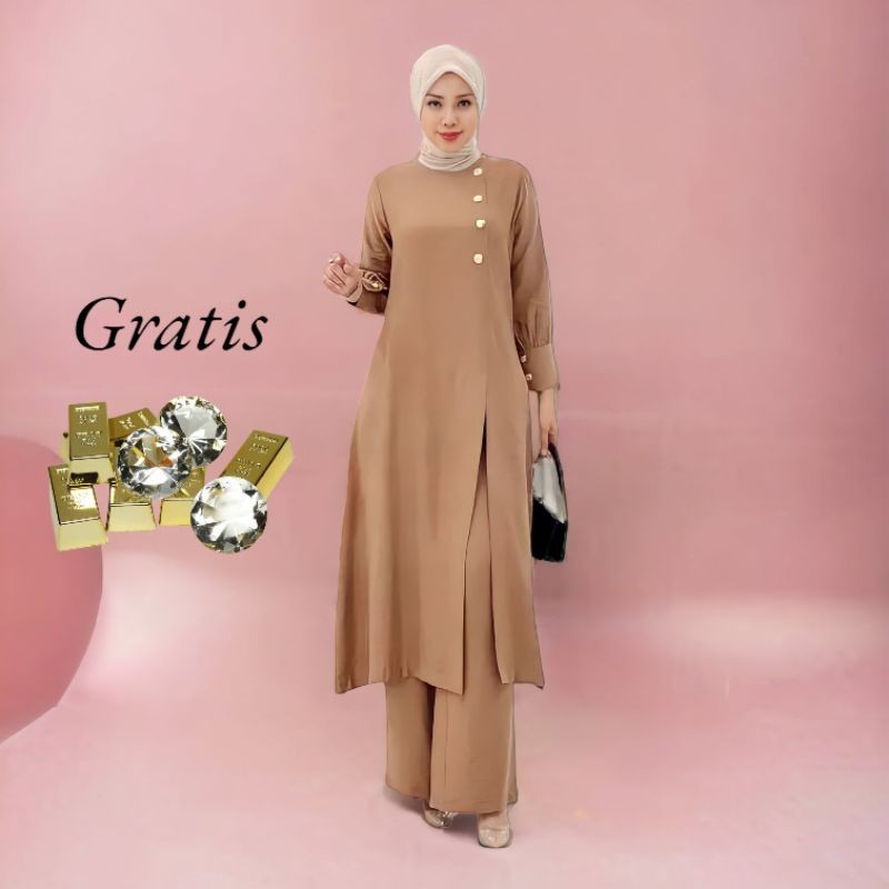 Setelan Crinkel Airflow Premium Adeline Set Wanita Tunik Celana Kulot Saku Kanan Kancing Resleting