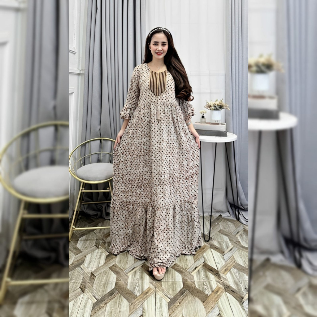 Longdress Gamis Daster Sultan Terbaru 2024 Renda Rempel Wanita Handmade Rayon Busui Resleting Motif 