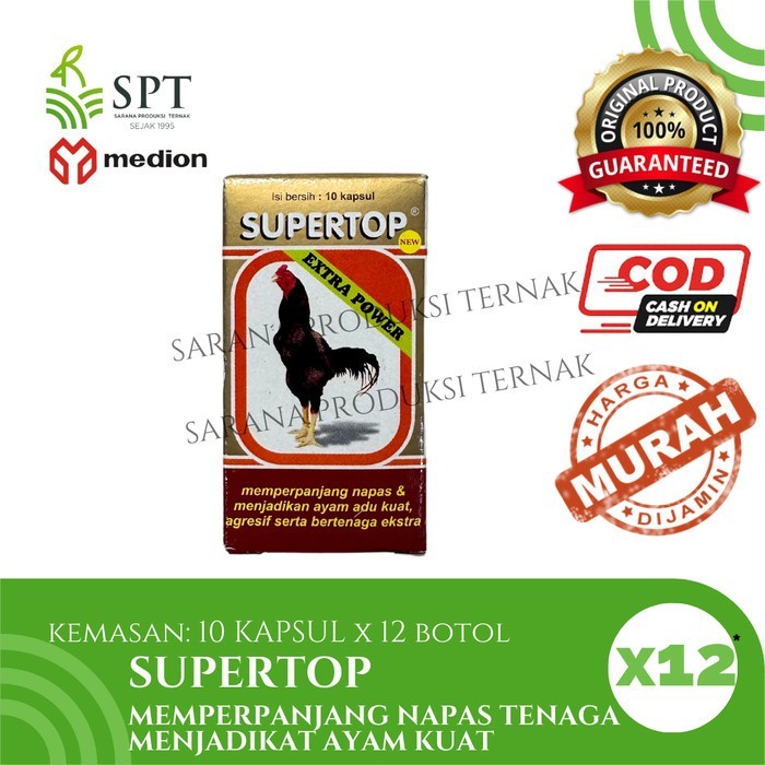 SUPERTOP 10 KAPSUL  MEDION SUPER TOP MEMPERPANJANG NAPAS MENJADIKAN AYAM ADU KUAT AGRESIF BERTENAGA 