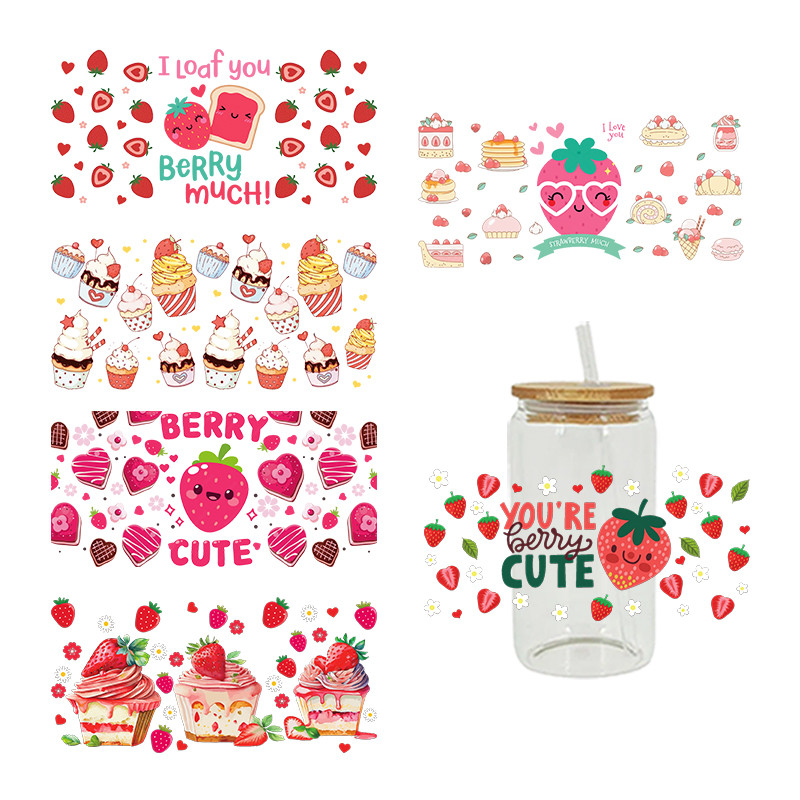 

Cute Strawberry Cake Pattern Design UV DTF Transfer Stickers Libbey Cup Wrap Iron For Glass 16oz D16866