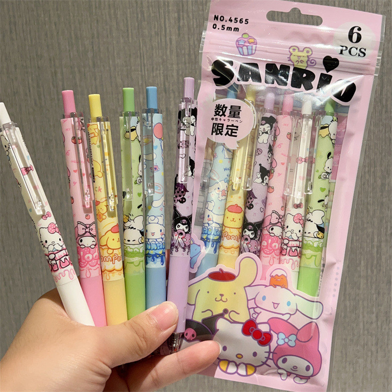 

6Pcs/Set Kawaii Sanrio Hello Kitty 0.5mm Gel Pens Cute Kuromi Press Gel Pen Cartoon Kids School Student Stationery Supplies Gift