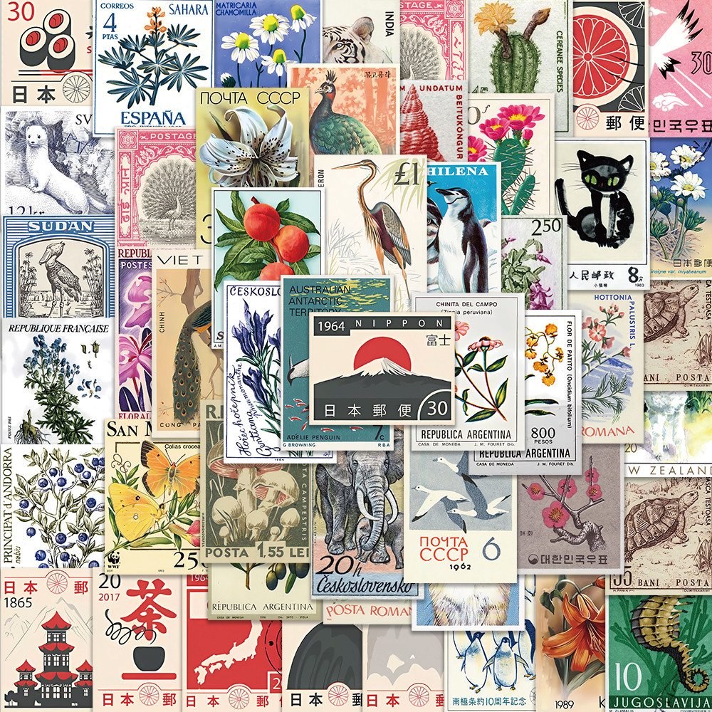

50pcs Retro Stamp Art Stickers Vintage Aesthetic Cartoon Decals For Laptop Luggage Skateboard Phone Sticker Kids Toys
