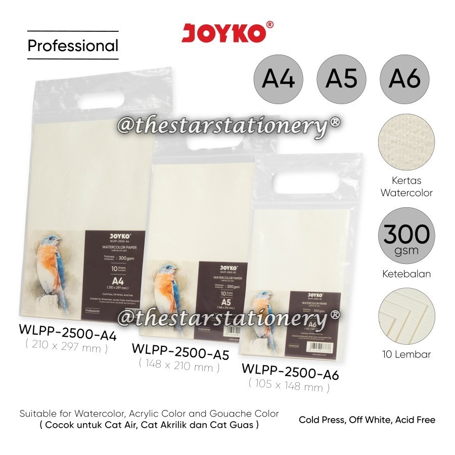 

(1 Pak Isi 10) Watercolor Paper Joyko WLPP-2500-A4 300g / WLPP-2500-A5 / WLPP-2500-A6 / WLPP-2500