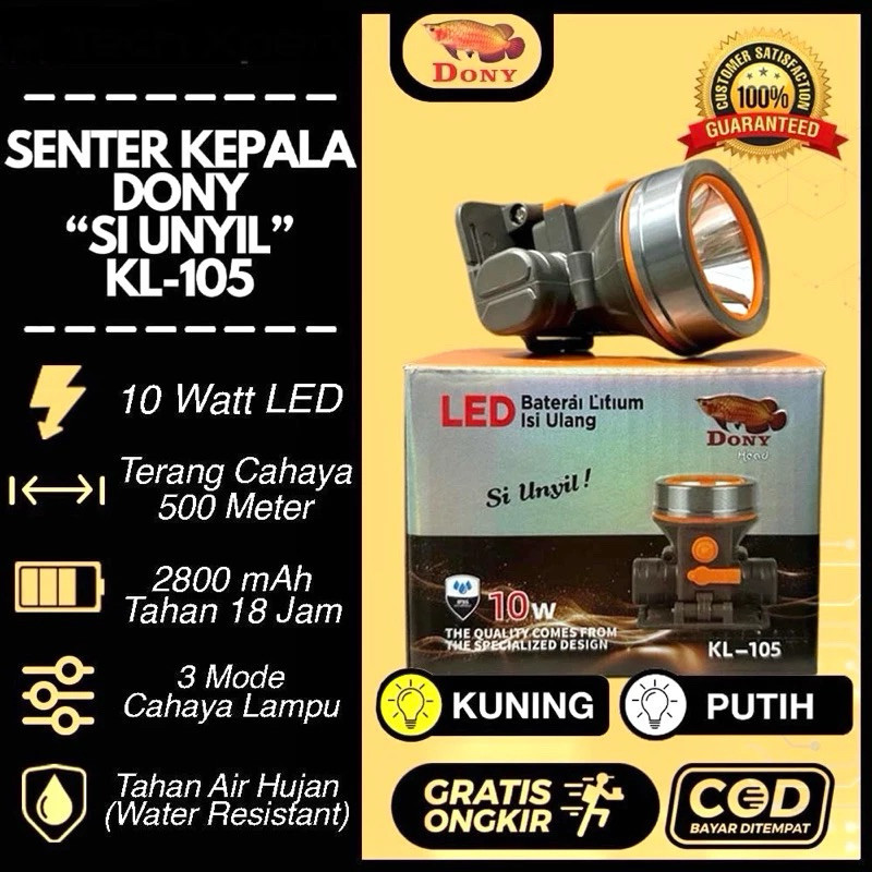 Headlamp Senter Kepala Led Cas DONY KL-105 10w 10watt Original Si Unyil Cahaya Putih Dan Kuning