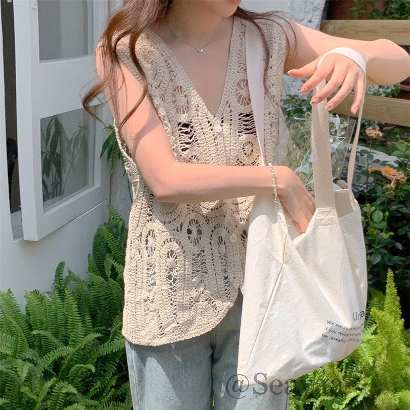 Niche Atasan Tanpa Lengan Wanita Rompi Rajutan Rompi Rajutan Berlubang Segar