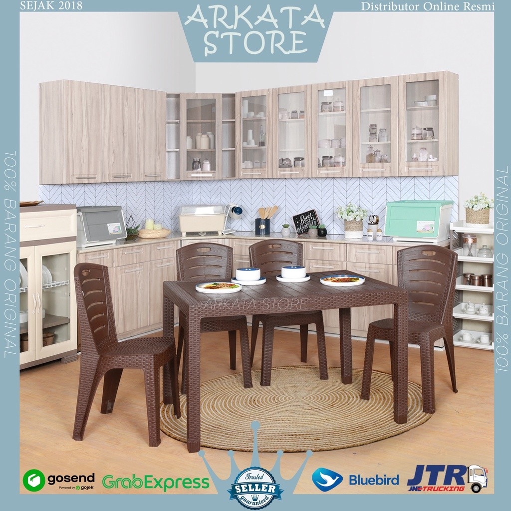 1 Set meja Makan Plastik 120 ODT-R + 4 Kursi Olymplast Rotan OL 203 208