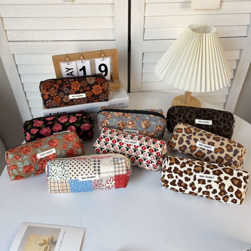 

Portable Floral Print Pen Bag Large Capacity Multifunctional Pencil Case Corduroy Cosmetics Storage Bags Sool Office Supplies