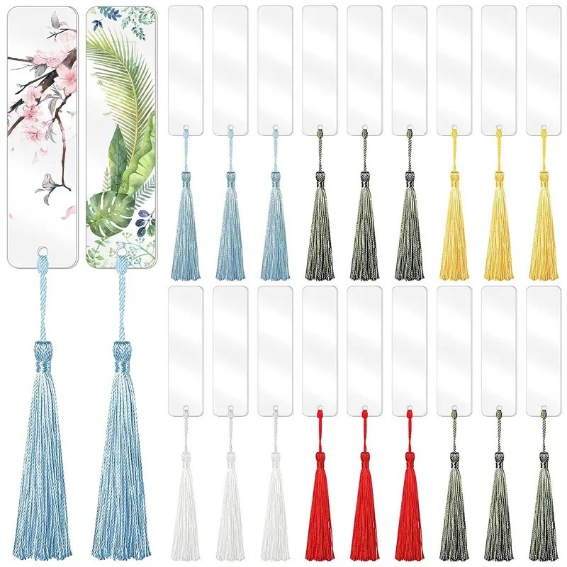 

60 pcs/set (30 bookmarks and 30 tassels) blank acrylic bookmarks, random colored tassels, DIY handmade, transparent bookmarks,