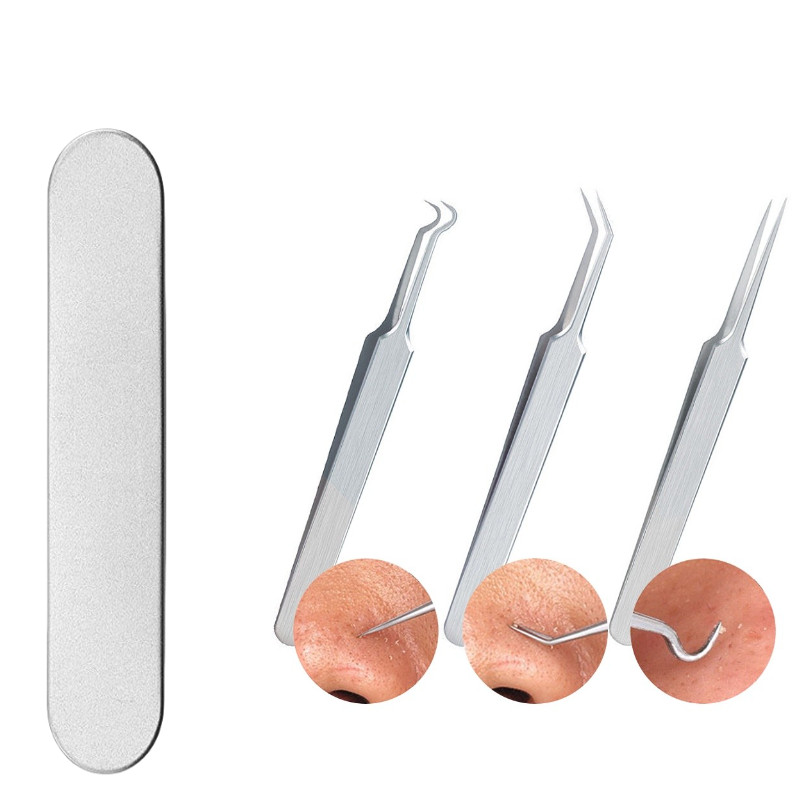 Pinset Komedo Lurus & Bengkok 3Pcs Stainless Steel - Untuk Penghilangan Komedo Hidung, Jerawat, Pera