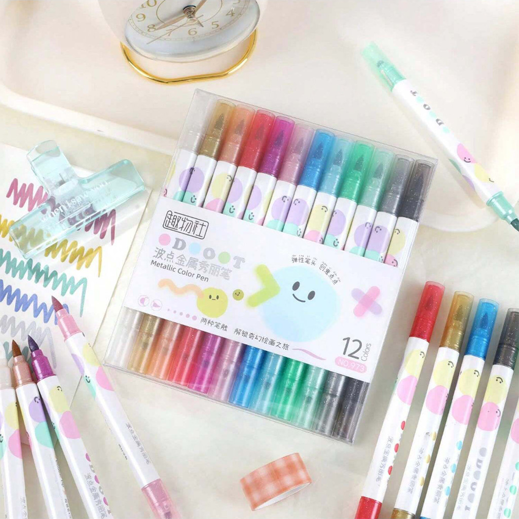 

12Colors/box Kawaii Double Head Wave Dot metal beauty pen Marker For Scrapbook Painted Stationery School Supplies