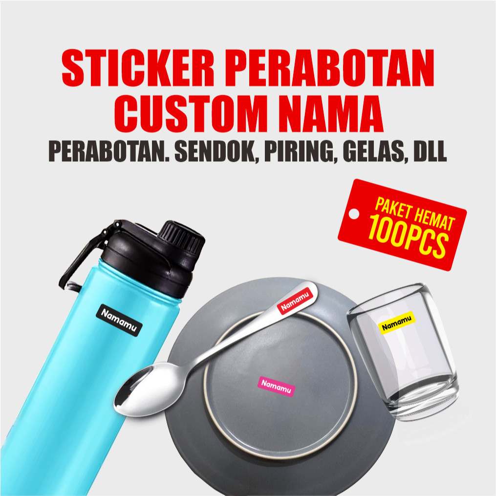 

100 PCS Stiker Barang Custom Nama Piring Sendok Botol Gelas Perabotan timbul waterproof label