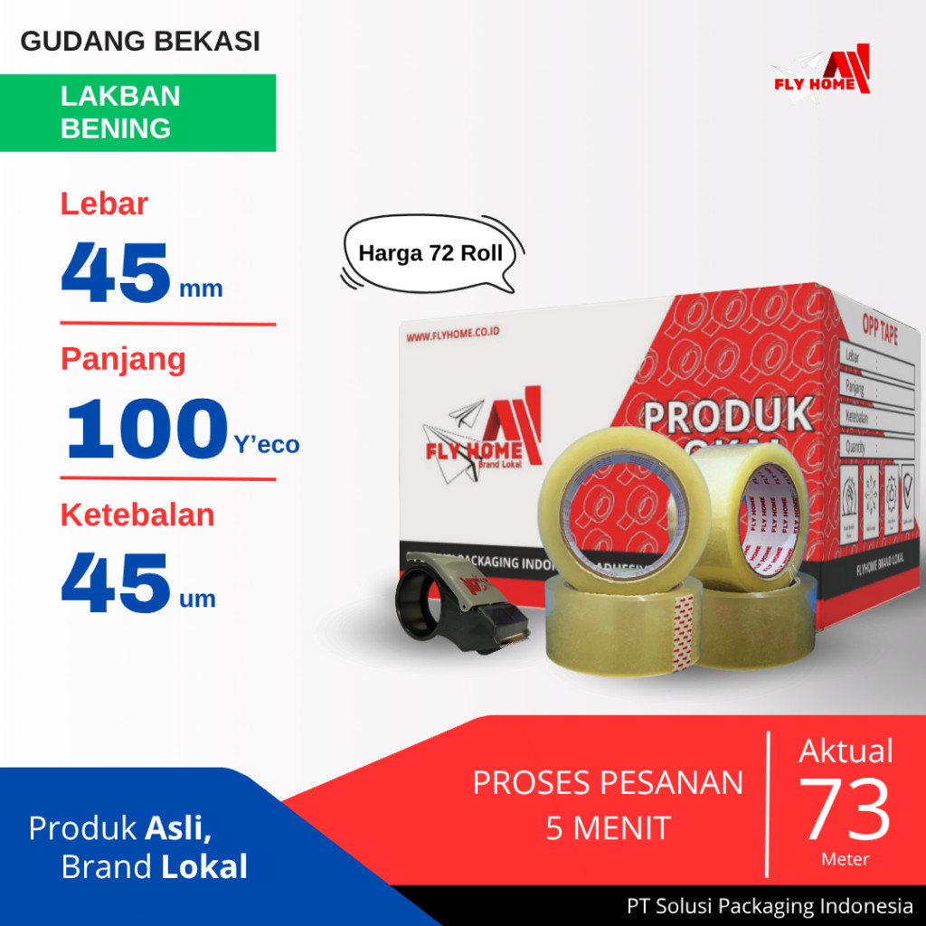 

New FLYHOME 1Dus Lakban Bening 45x100Y 2inchi Solasi Uk Besar 72Roll ECO 100 yard CARGOPremium