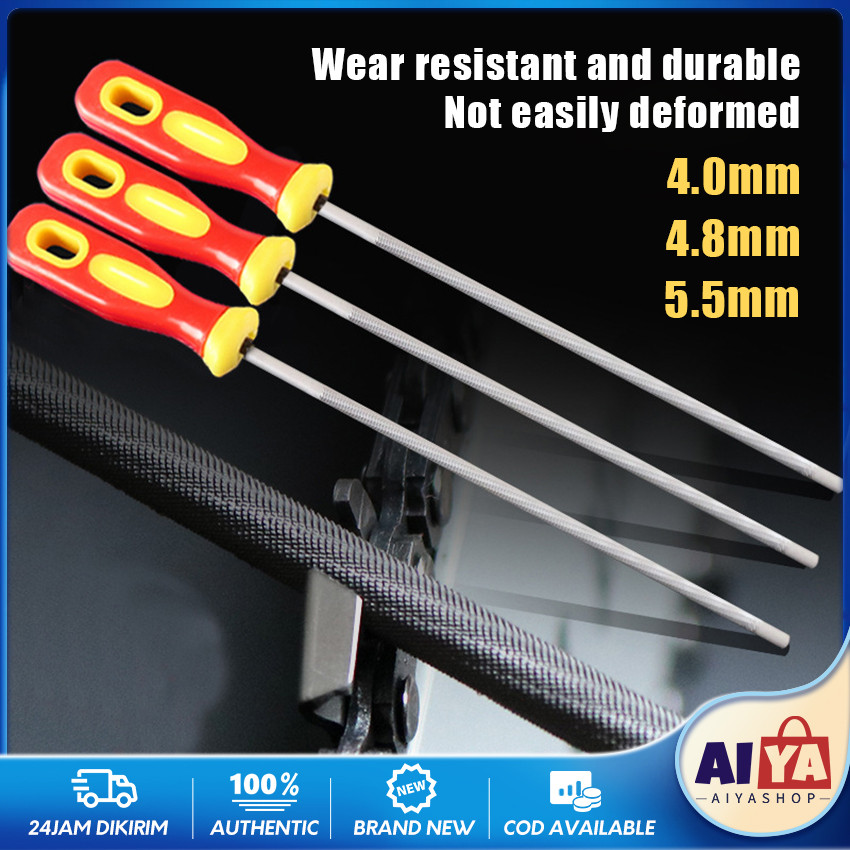 3Pcs/Set Kikir Gergaji Chainsaw Gagang Karet / Kikir Bulat Baja / Kikir Besi Diameter 4.0mm 4.8mm 5.