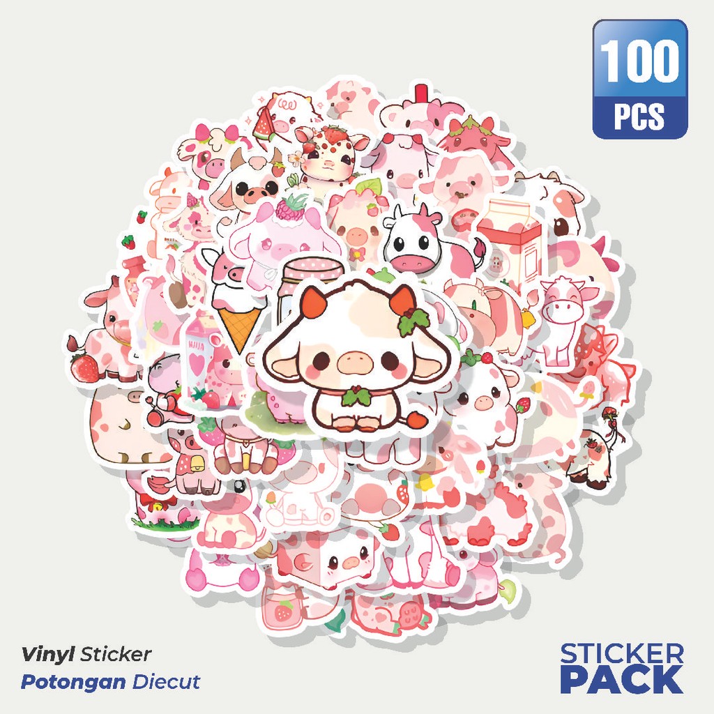 

Super Hemat! 100 PCS Stiker Strawberry Cow [Sapi Strawberry] Waterproof Aesthetic- Untuk Laptop, Motor, dan Helm - Paper Stationery Pack
