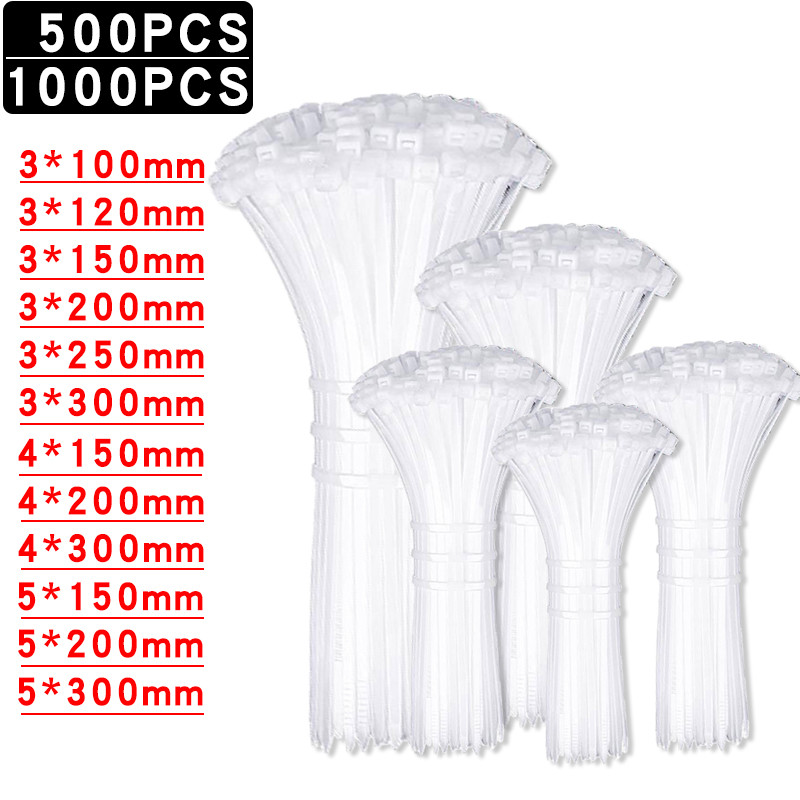 

500/1000PCS/bag Self-locking Plastic Nylon Tie White Zip Wraps Strap Nylon Cable Tie Set Fastening Ring Loop Wire Wrap