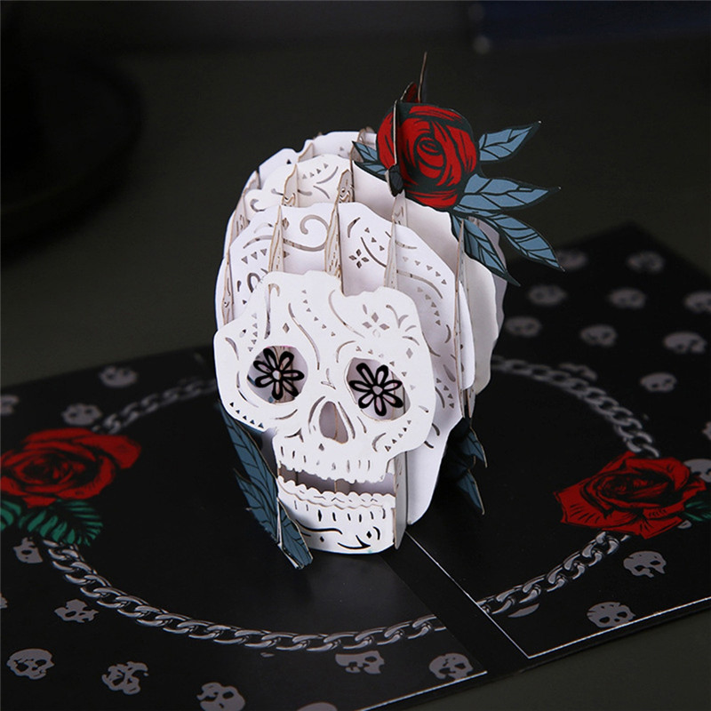 

Discount 3D Halloween Greeting Card Festival Party Invitation Holiday Postcard Gift Skeleton Skull Rose Horror Greeting Card