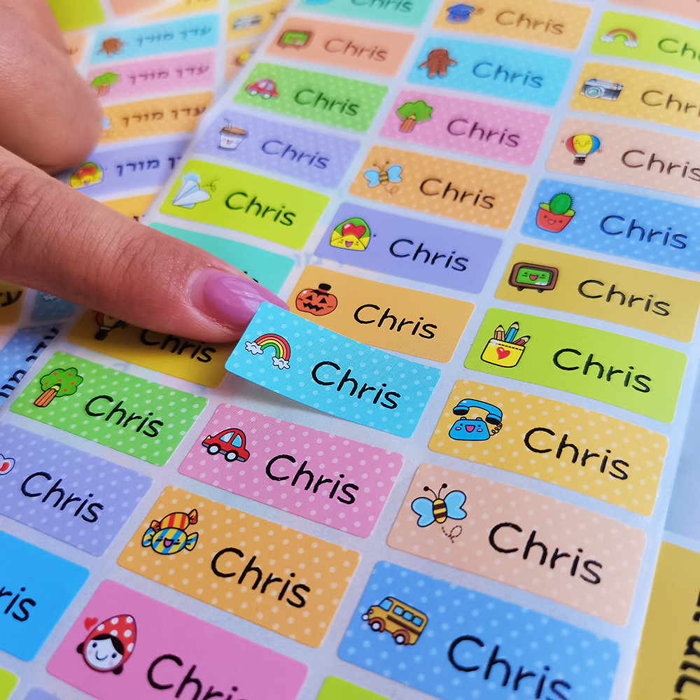 

120pcs 30x13mm Cartoon Name Stickers Children Labels Water Proof Decals Multicolour Labels Tags Hebrew Names