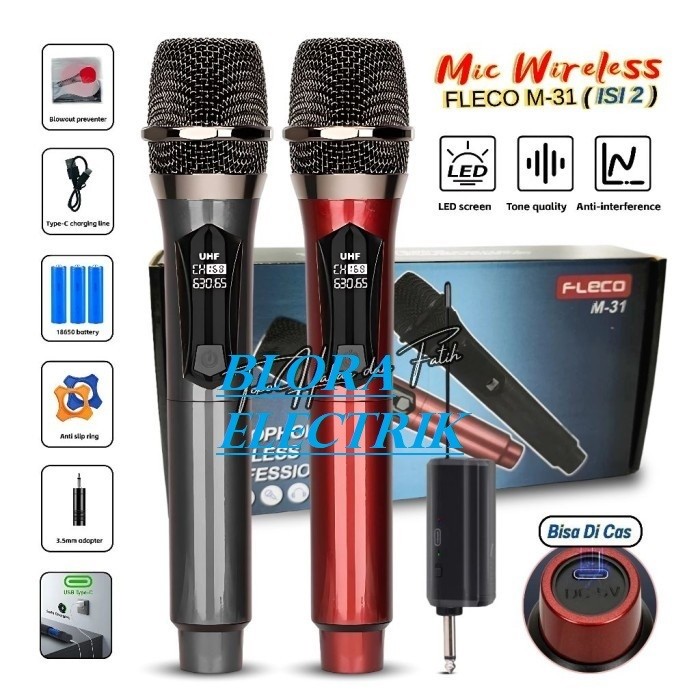 

Microphone Professional Wireless Mic Double Fleco M-31 Jack Besar include adapter