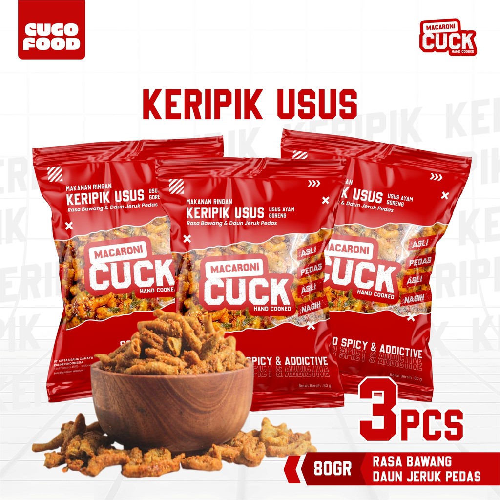 

Macaroni Cuck Keripik Usus Crispy Daun Jeruk Pedas 3 pcs x 80 gr Kripik Usus Ayam Crispy