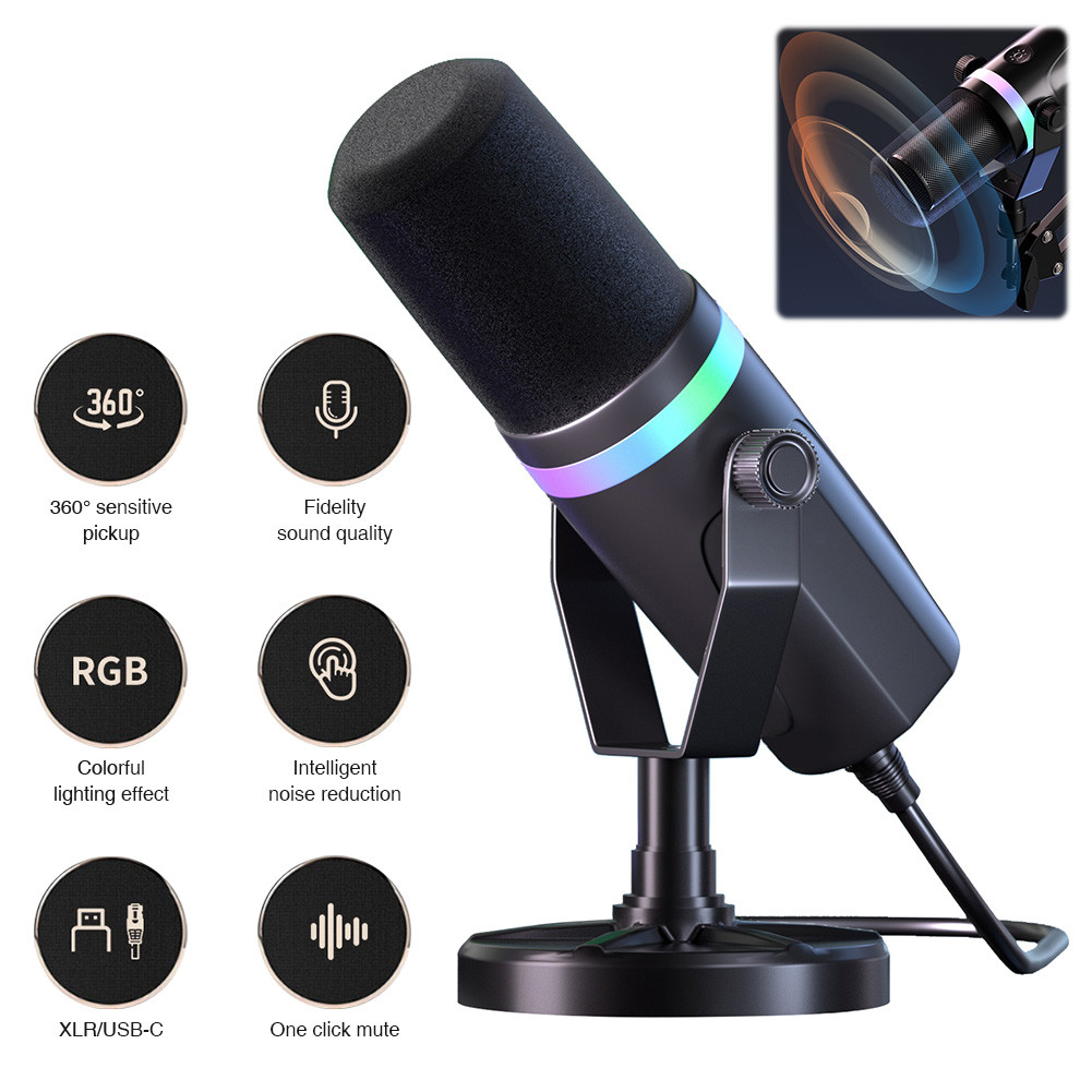 USB/XLR Dynamic Microphone Recording Mic RGB Dynamic Game Microphone Gaming MIC for PC Sound Card Re