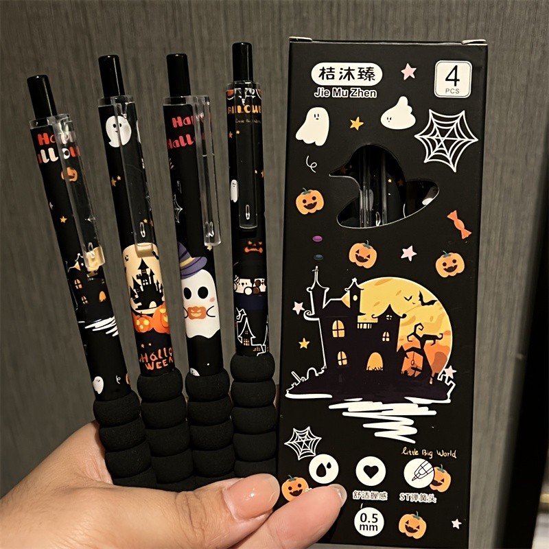 

4pcs Halloween Themed Gel Pens, 0.5mm Tip Diameter, Featuring Ghosts, Pumpkins, and Witch Hats - Perfect for Classroom Rewards