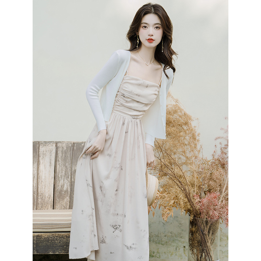 Abstract Dusty Brown Midi Dress Straps Detail with Long Sleeve Cardigan (Warna asli lebih tua, Cardi