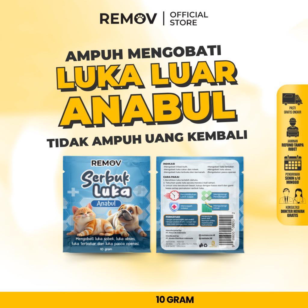 Remov Serbuk Obat Luka Luar Cakar Bernanah Pasca Operasi Antiseptik Antibiotik Kucing Anjing 10gr