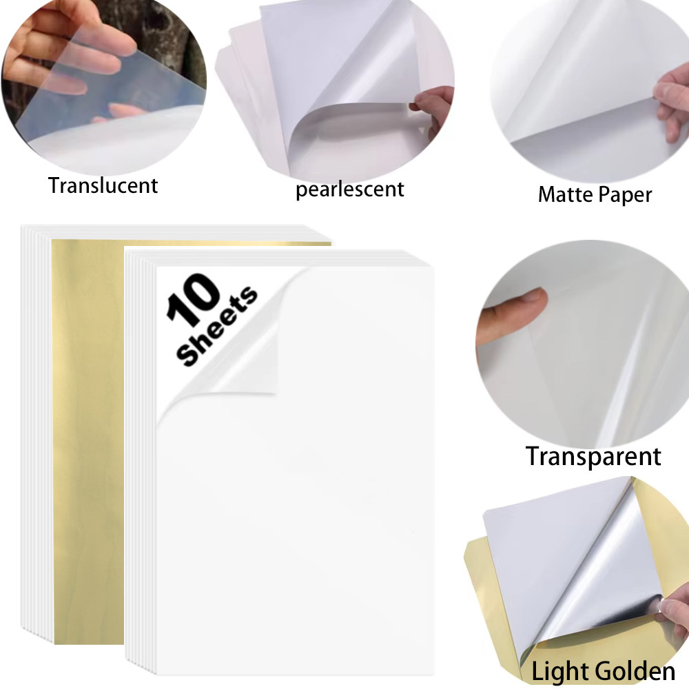 

10 Sheets Transparent/Translucent Waterproof Vinyl Sticker Paper Pearlescent/Matte/Golden A4 Label Sticker for Inkjet Printer