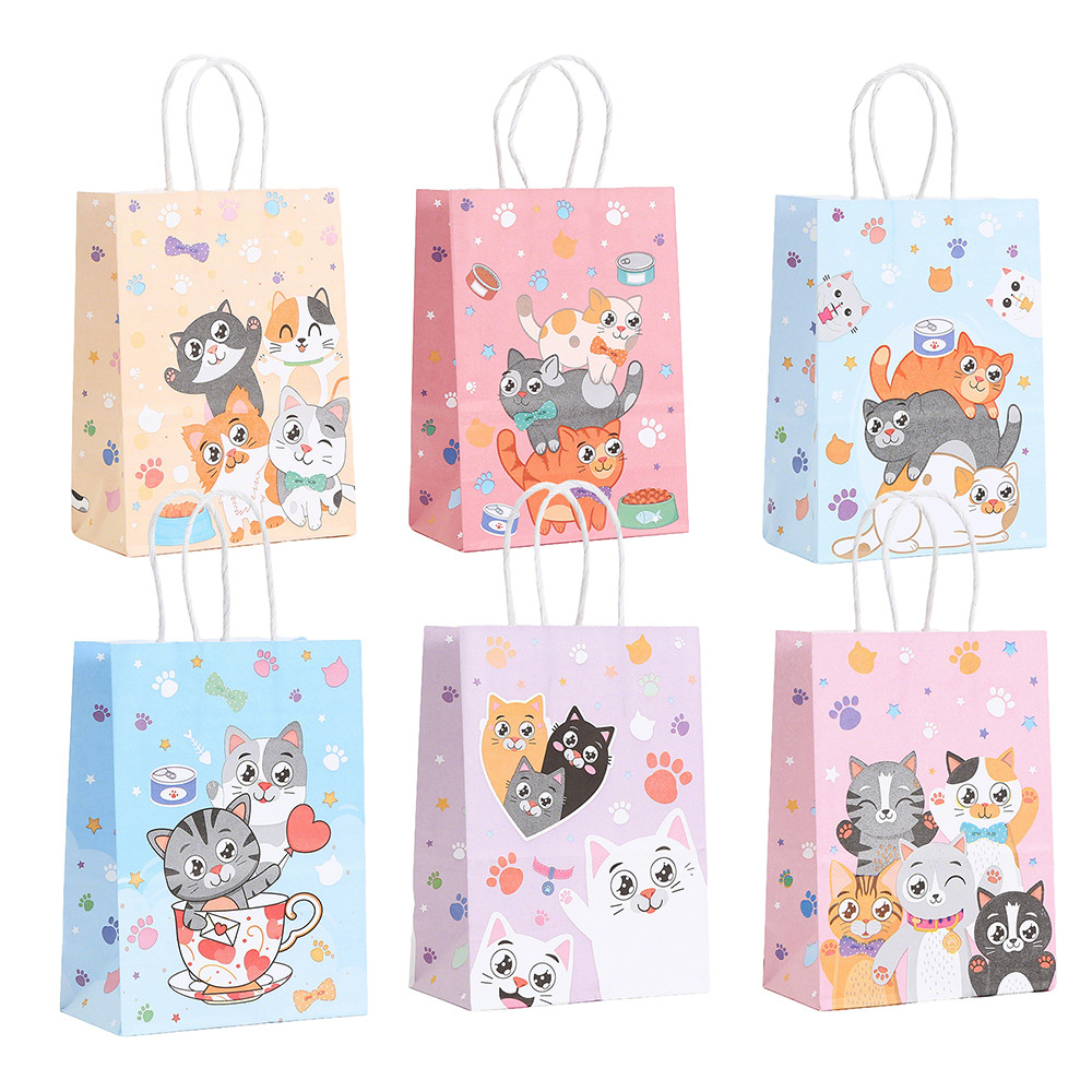 

6Pcs Cartoon Pet Cat Paper Gift Packing Bag Cat's Paw Birthday Party Candy Cookie Bag for Kid Birthday Pet Adoption Party Decor