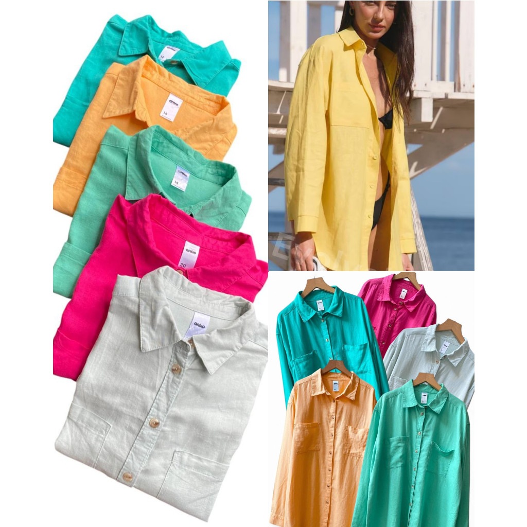 SERESHOP Kemeja Linen Wanita Oversized Linen Anko Long Sleeve Shirt - 7793