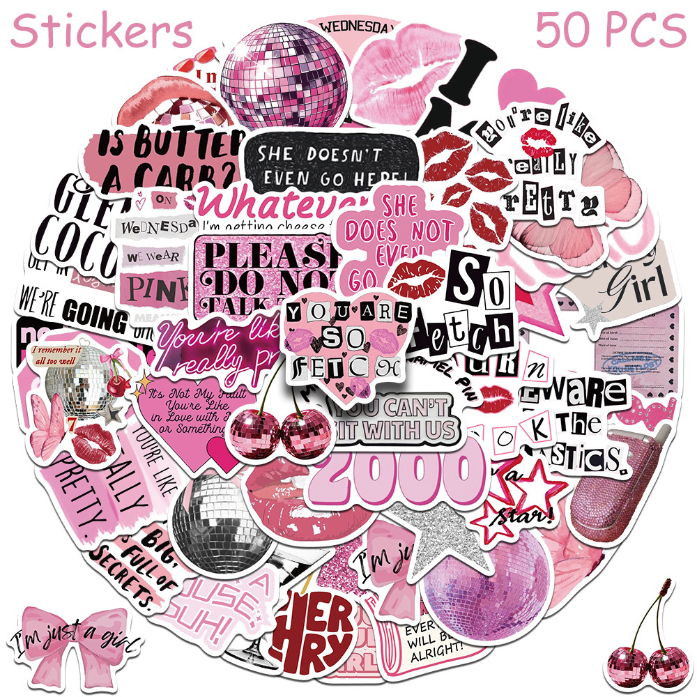 

50pcs Pink Y2K Style Stickers Decals For Phone Notebook Suitcase Skateboard Guitar DIY Aesthetic Waterproof Stickers Girls Gifts