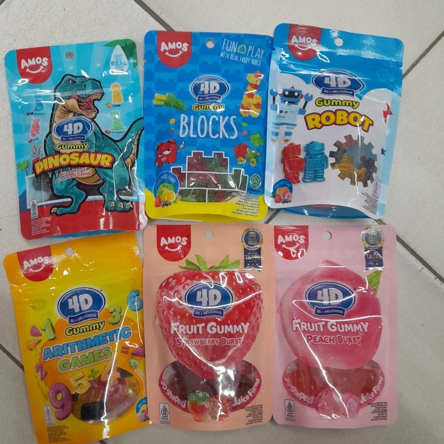 

Amos 4D Gummy Candy Permen DINOSAUR / ROBOT / BLOCKS / ARITHMETIC / STRAWBERRY / PEACH 72gr