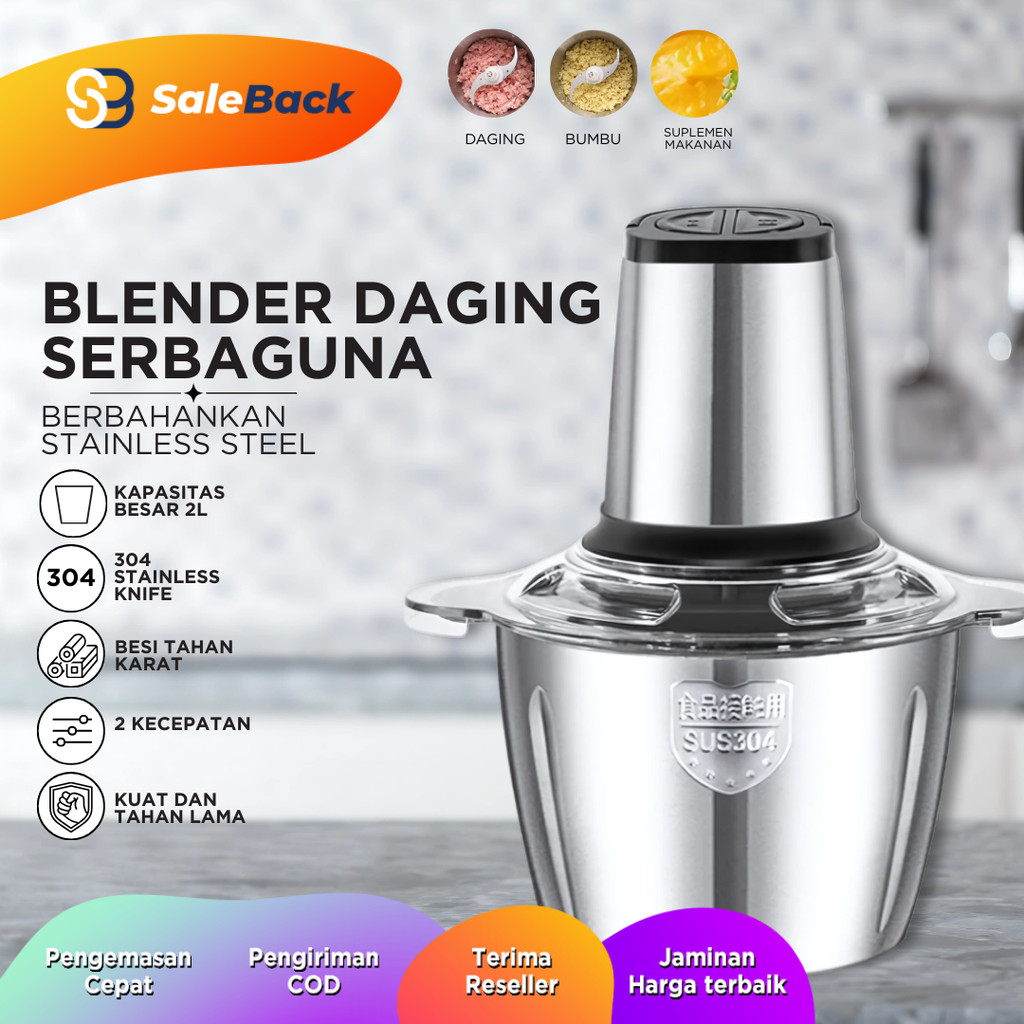 Blender Daging Serbaguna Stainless Steel SUS304 Food Chopper 2L Anti Karat
