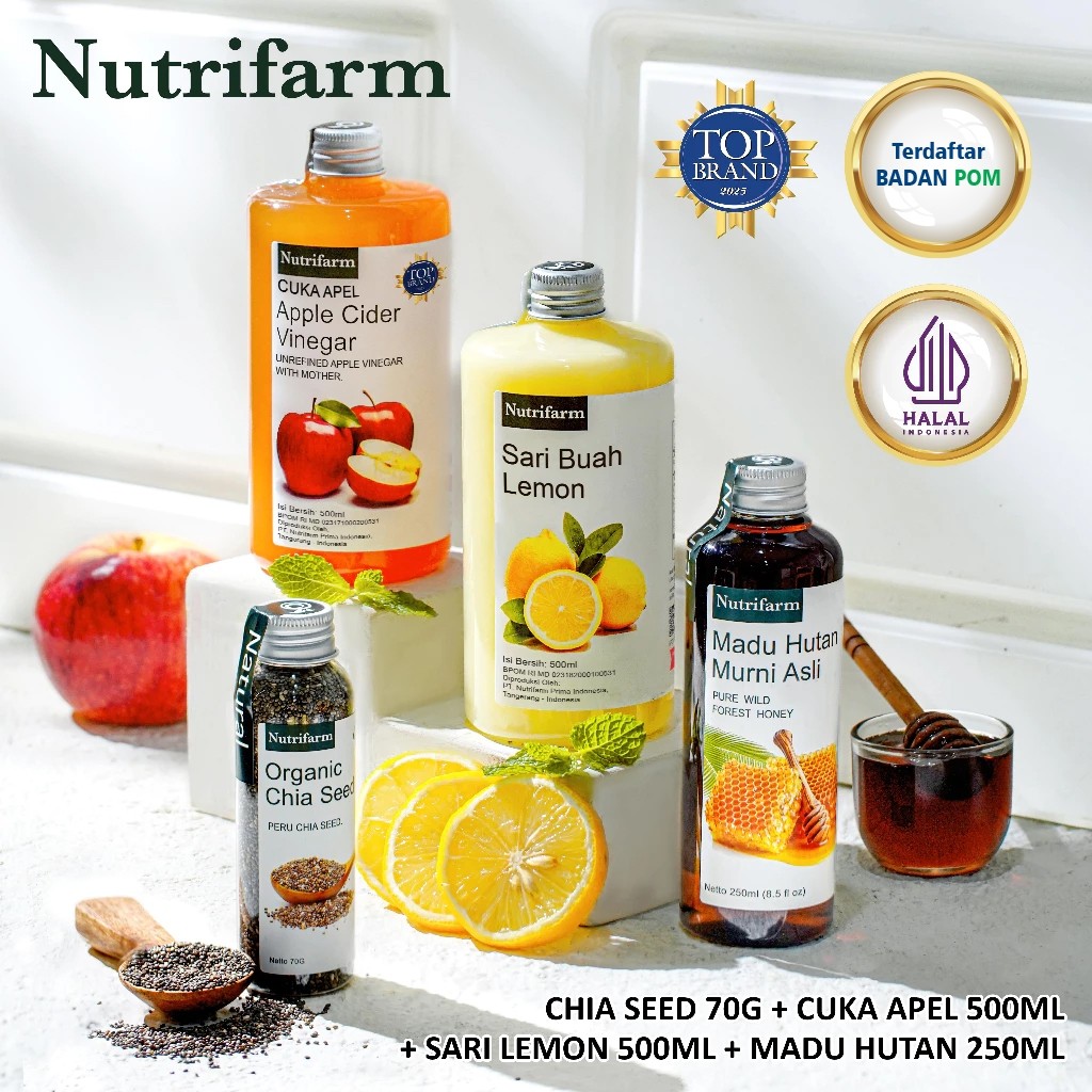 

NEW Nutrifarm Paket Fit 4 In 1 Cuka Apel Lemon Madu Hutan Chia Seed / Cuka Apel 500 ml Lemon 500 ml Madu Hutan 250 ml Chia Seed 70 gram PREMIUM