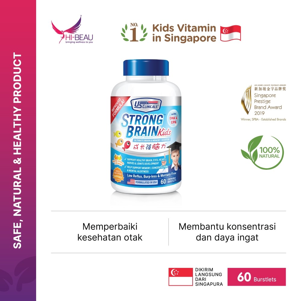 US Clinicals StrongBrain Kids 60s – Vitamin otak anak cerdas daya ingat, Vitamin omega 3 Anak