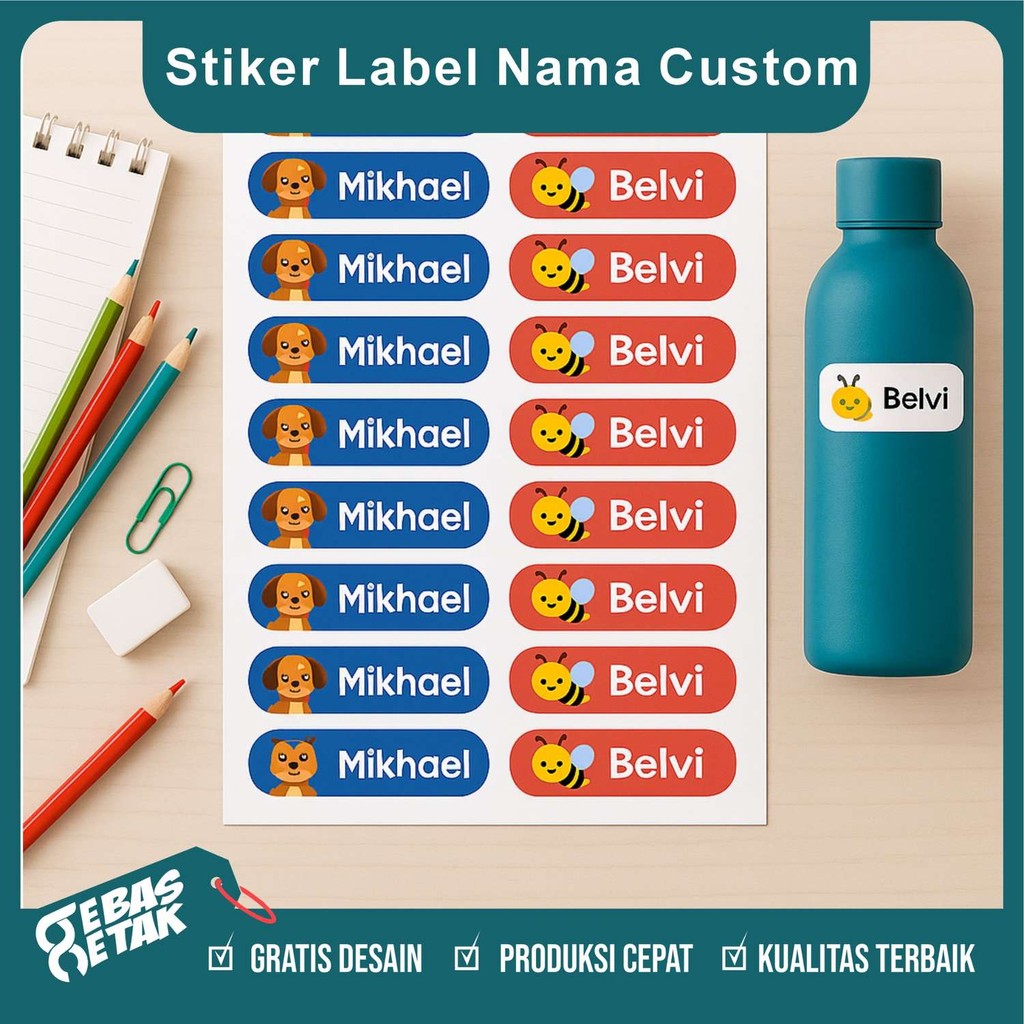 

[Isi 52 Pcs] Cetak Stiker Nama Ukuran M Custom Waterproof Cocok untuk Baju Buku dan Alat Sekolah