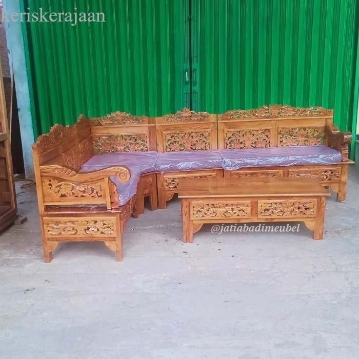 Set Kursi Tamu Sudut Ukir Kayu Jati, Kursi Sofa Tamu L Kayu Jati - Tanpa Busa antik