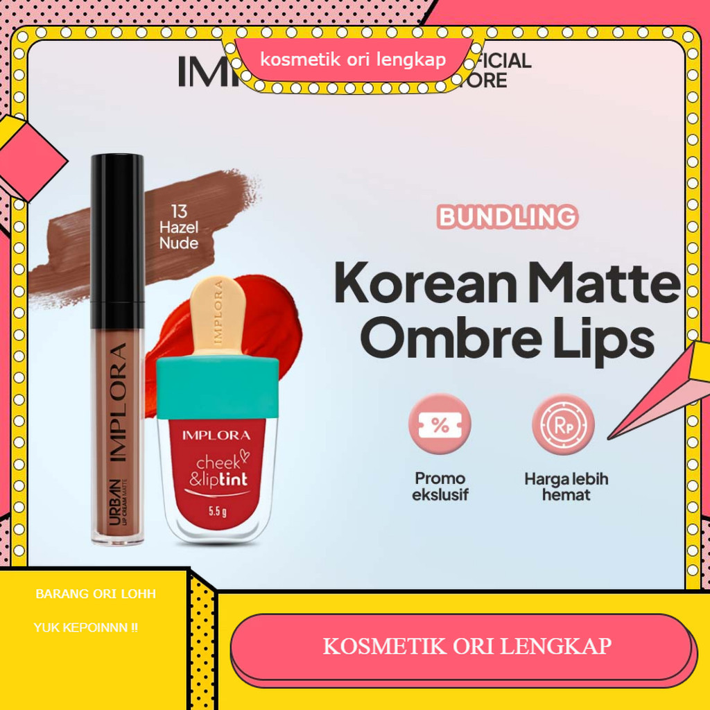 Implora Korean Matte Ombre Lips (Hazelnude Lip Cream + LipTint) | paket ombre 