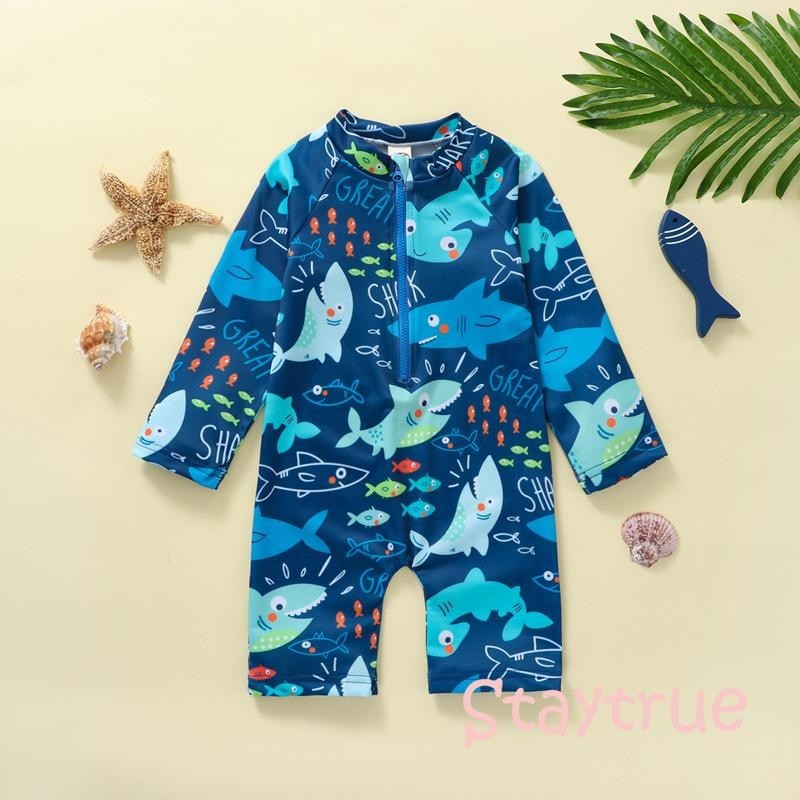 Baju monyet anak laki-laki baju renang lengan panjang leher bulat ritsleting pantai kolam renang Bod