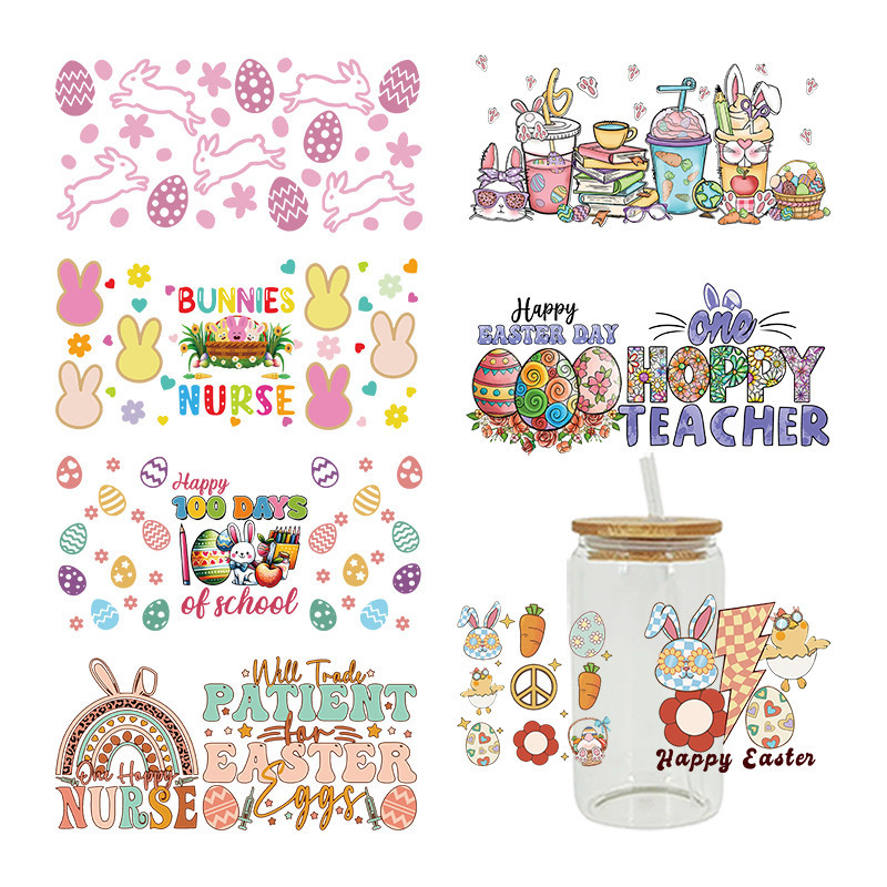 

UV DTF Transfer Sticker Easter Rabbit For The 16oz Libbey Glasses Wraps Bottles Cup Can DIY Waterproof Custom Decals D9474