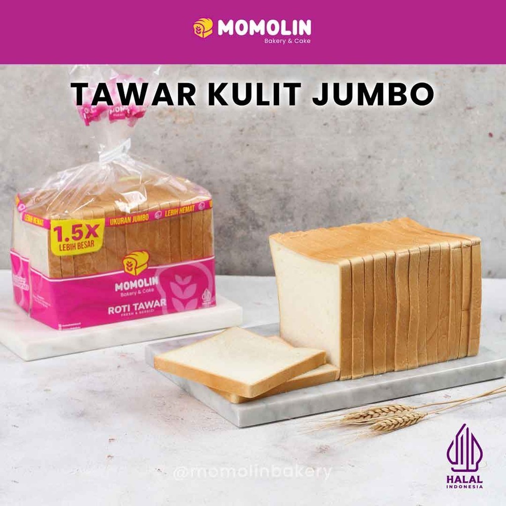 Momolin Bakery Tawar Kulit Jumbo - Roti Sarapan - Roti Tawar Lembut Murah Besar - Tawar Soft