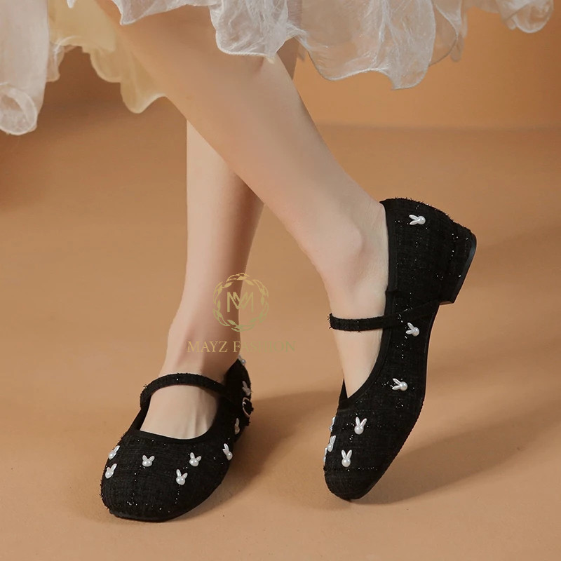 【LF】Flatshoes Tweed Sepatu Casual Bunny Wanita Korean Style