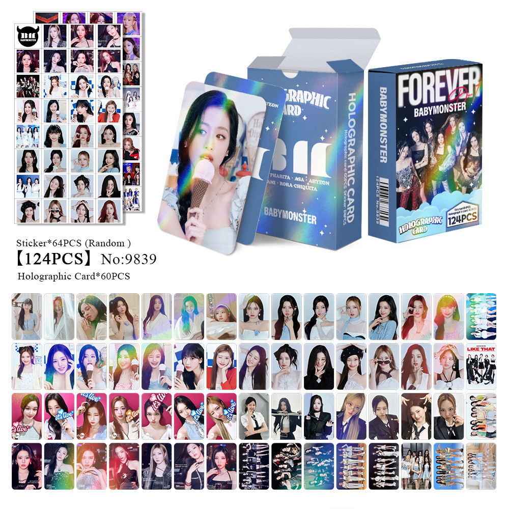 

Kpop 124Pcs Babymonster Laser Card FOREVER Mini Sticker Double Side LOMO Card ASA RUKA Holographic Card PHARITA AHYEON Fans Gift