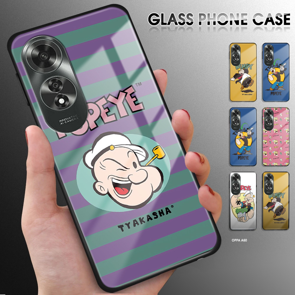 Untuk OPPO A60 A17 A17K Luxury Soft Edge Anime Popeye Glossy Casing Tempered Glass Shockproof Rear C