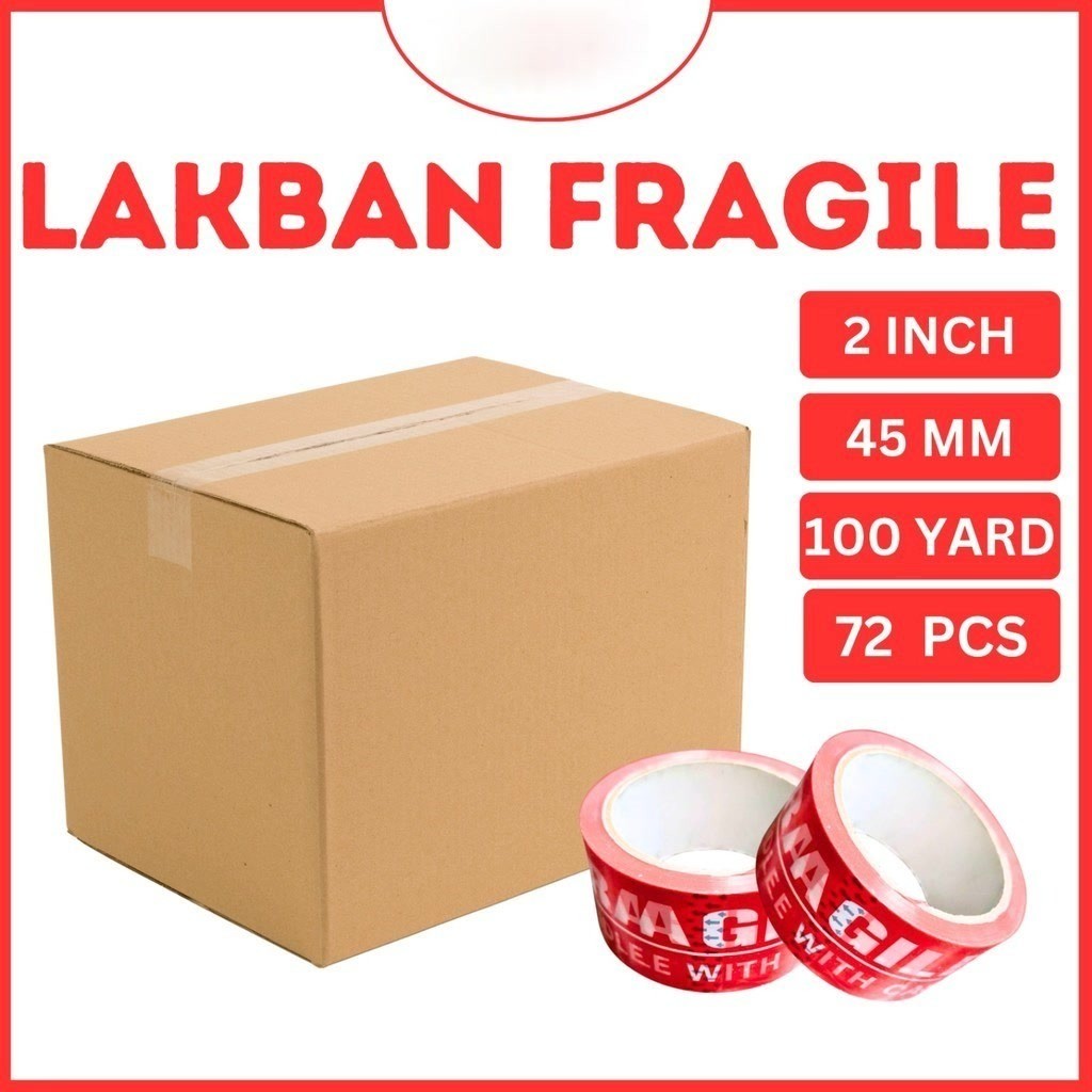 

1 DUS Lakban FRAGILE MERAH 2 Inch 100 Yard 45mm 2" 100Y Tape TERMURAH